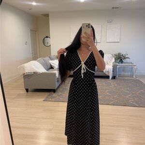 Aritzia Black Polka Dot Midi Dress with Cream Tie-Front